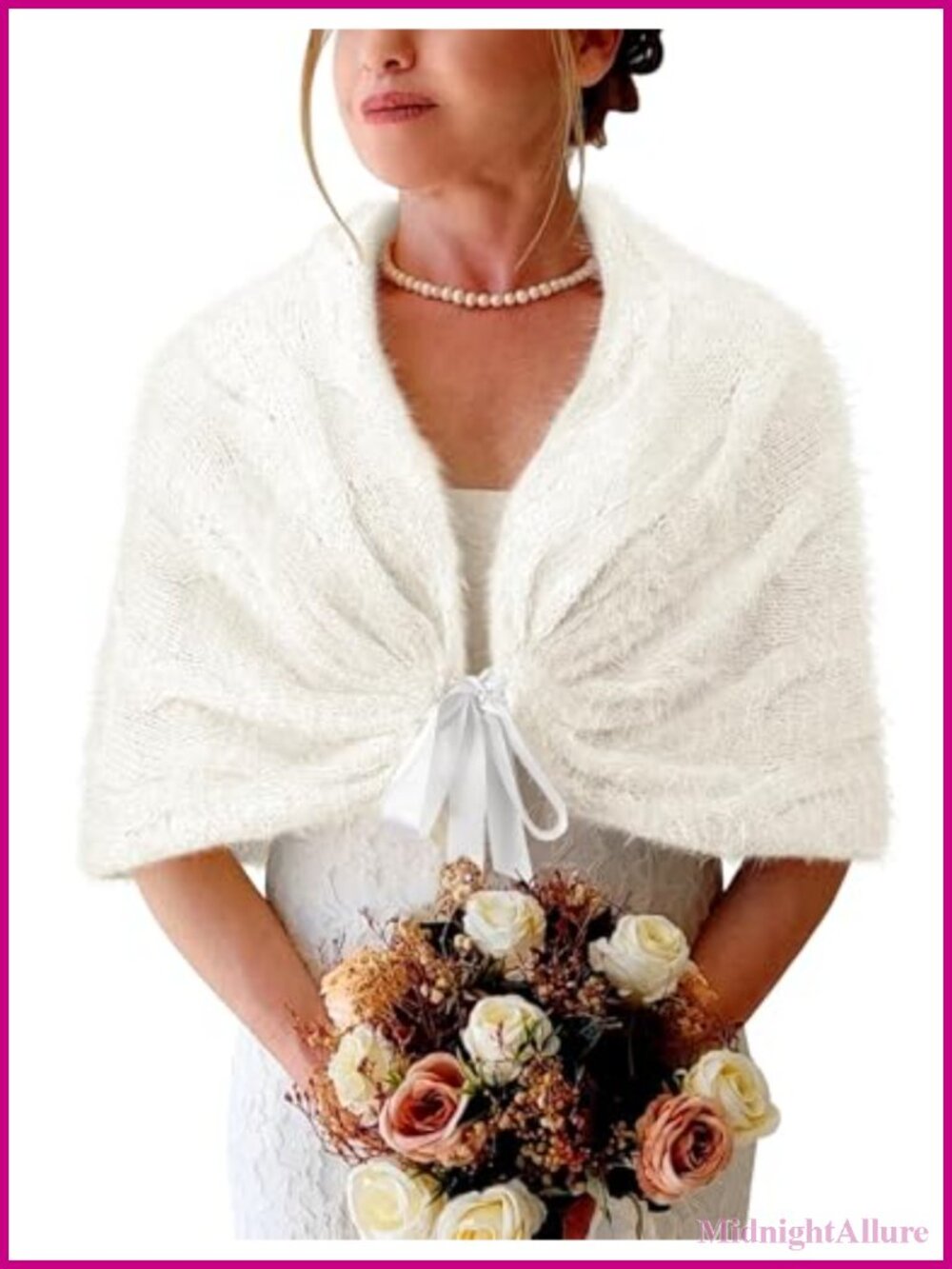 Knitted Shawl Wrap Ribbon Tie Front Bridal Wedding Stole Shrug